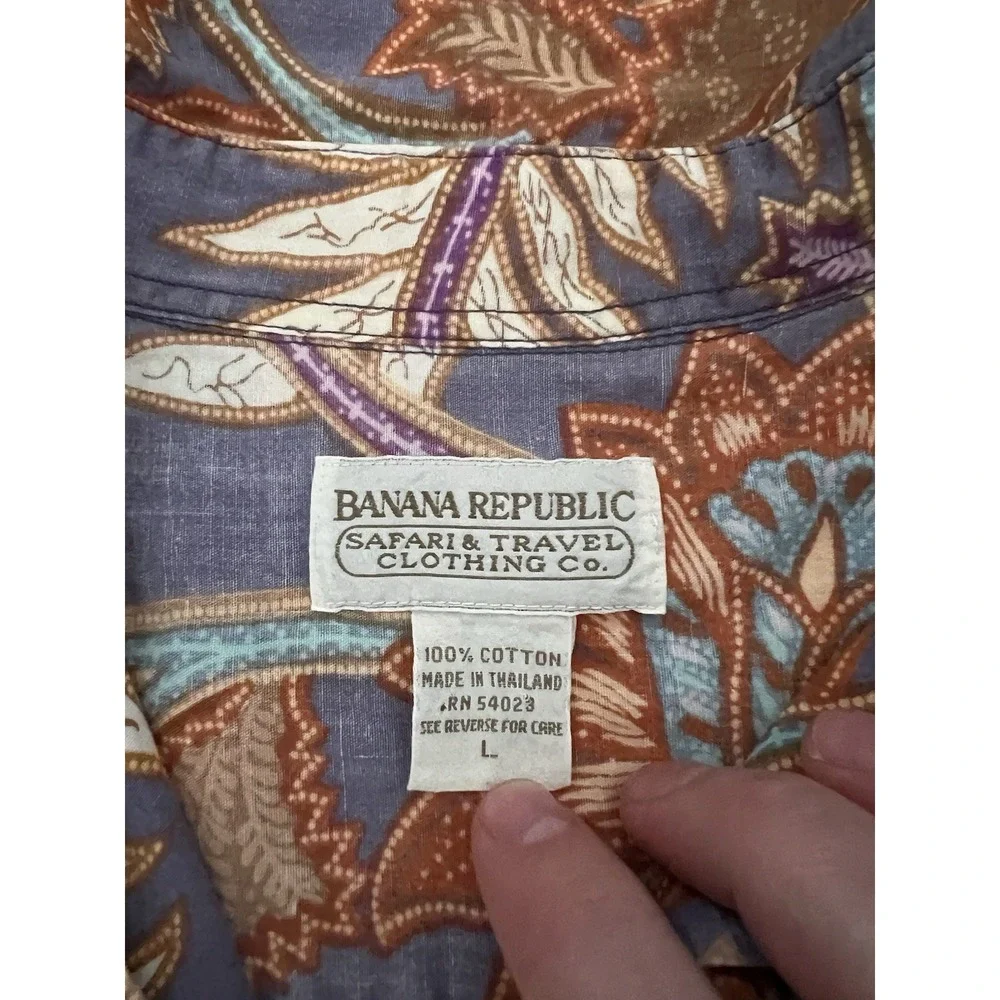 Vtg Y2K Banana Republic Men's Med Blue Floral Hawaiian Aloha Shirt 100% Cotton L